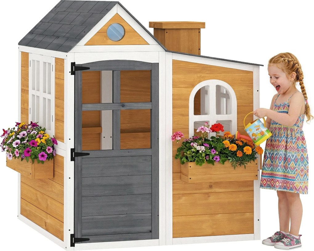 AIYAPLAY Căsuță exterioară pentru copii din lemn, casă pentru copii exterior/interior cu ușă, ferestre, 3 jardiniere, galben | Aosom Romania