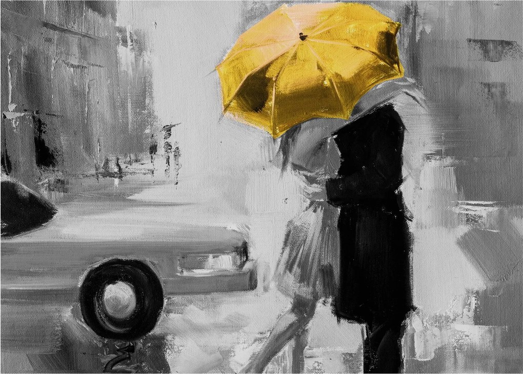 Tablou pe sticlă - Cuplu în dragoste sub o umbrelă, galben (70x50 cm)