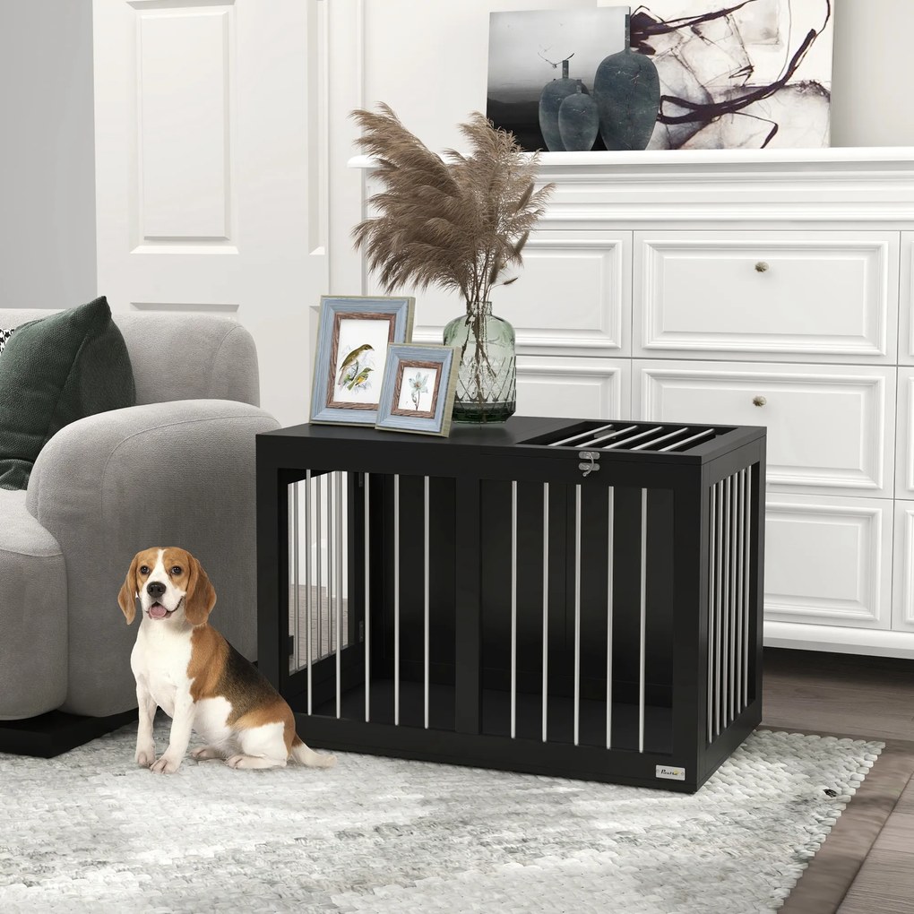 PawHut Cușcă pentru Câini Cușcă pentru Câini Transport Cușcă, 2 Uși, Blocabile, Grilaj de Oțel, 80 cm x 50 cm x 56,5 cm, Negru | Aosom Romania