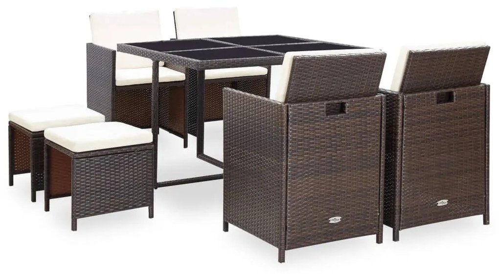 vidaXL Set mobilier de exterior cu perne, 9 piese, maro, poliratan