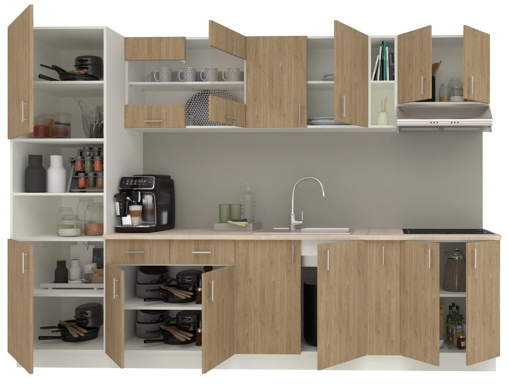 Set Bucatarie Karo V26, Lemn Natural/Alb, Blat Thermo 28 mm, L 300 cm