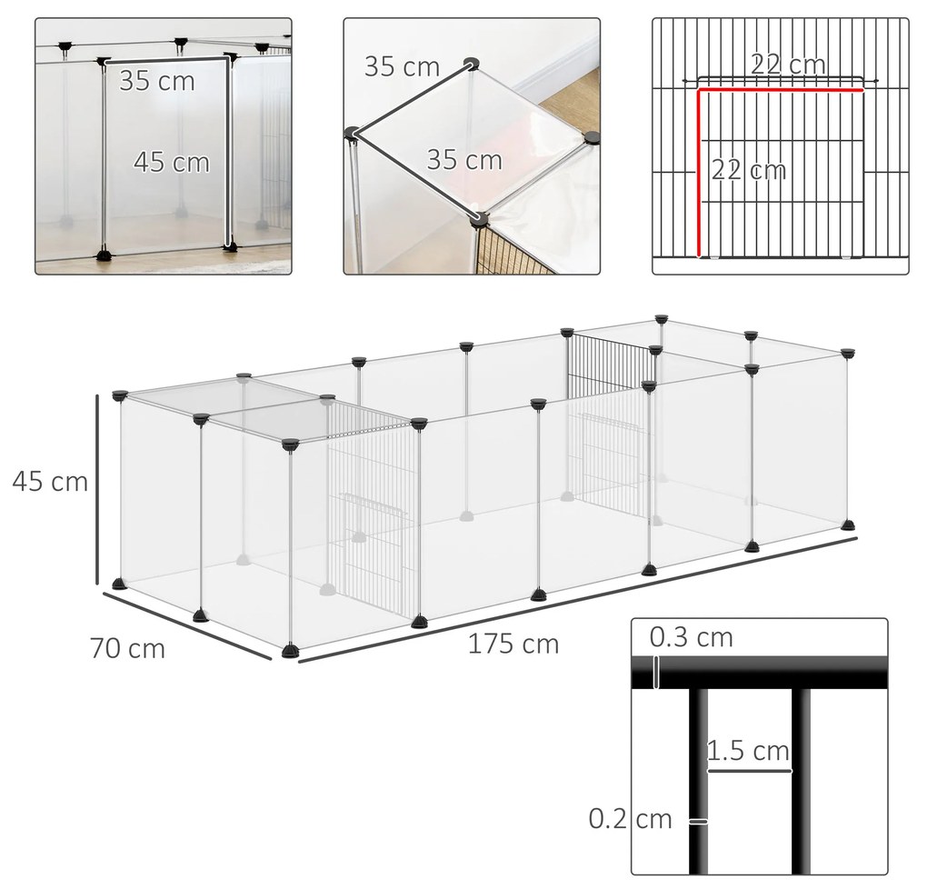 PawHut Țarc Modular pentru Animale de Talie Mică cu 20 de Panouri, 2 Uși și Accesorii, 175x70x45 cm, Negru | Aosom Romania