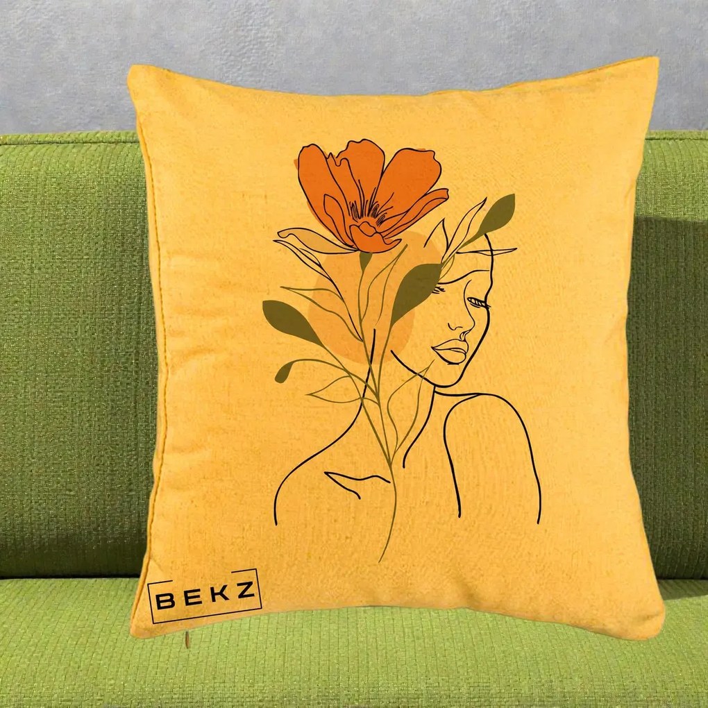 Perna Decorativa Portret Feminin Floare Portocalie, 40x40 cm, Galben, Husa Detasabila, Perna Inclusa, BEKZ®