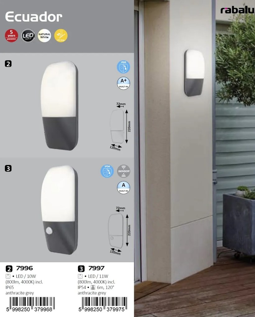 Aplica perete LED exterior cu senzor de miscare IP54 Ecuador 7997 RX