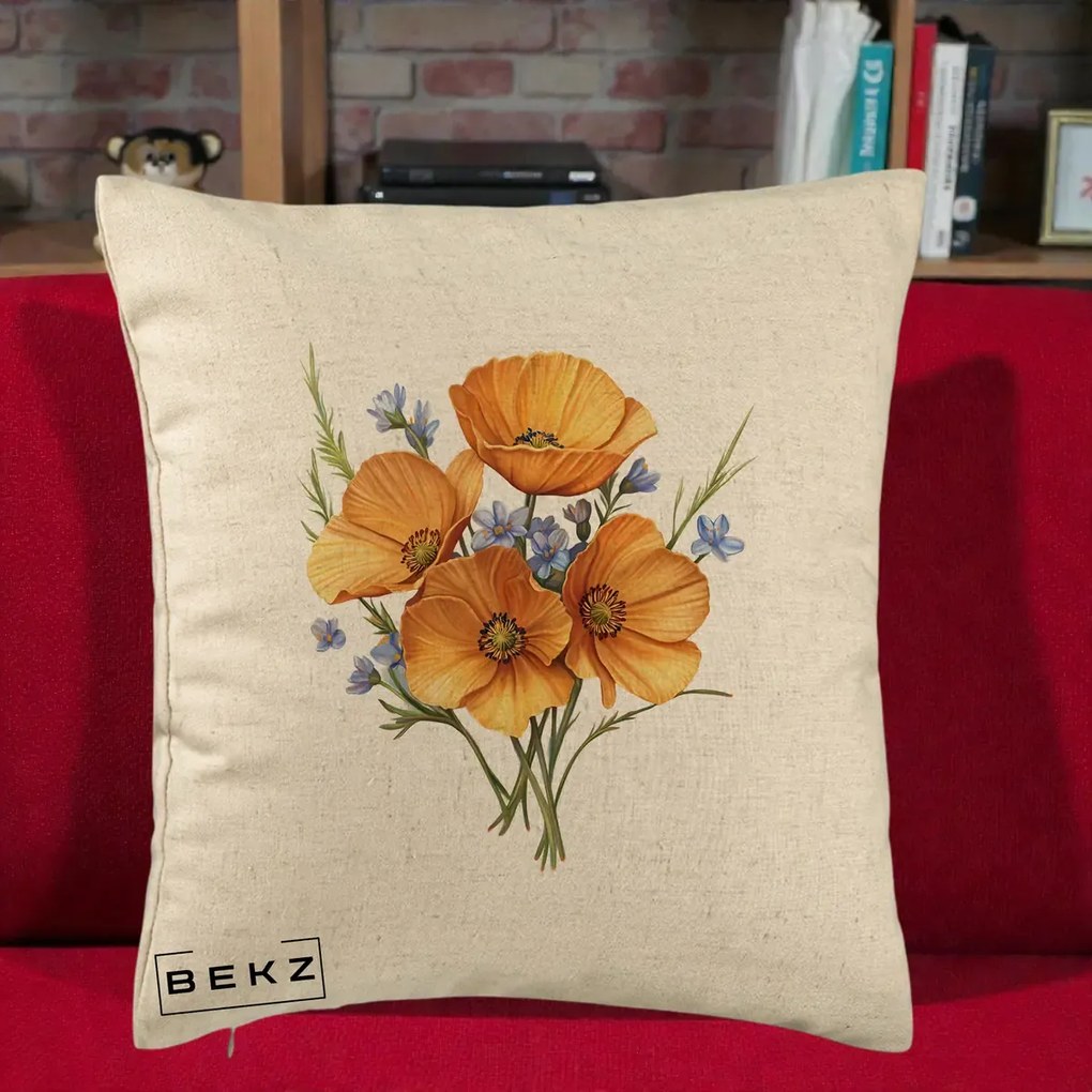 Perna Decorativa Maci Portocalii cu Floricele Albastre, 40x40 cm, Bej, Husa Detasabila, Perna Inclusa, BEKZ®