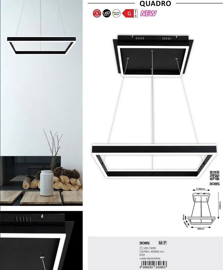 Lustra suspendata LED design modern Quadro negru mat, alb