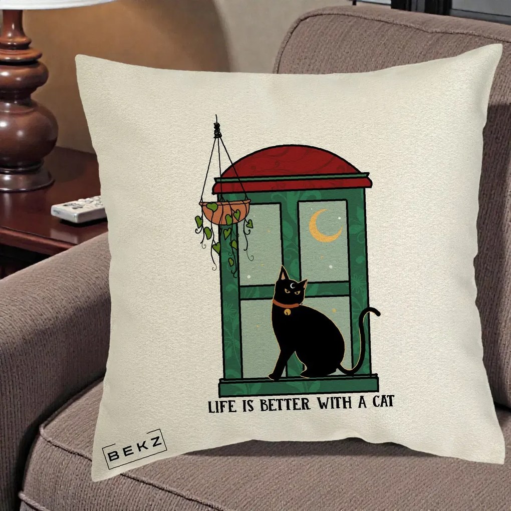 Perna Personalizata Life is Better with a Cat Geam, 40x40 cm, Ecru, Husa Detasabila, Perna Inclusa, BEKZ®