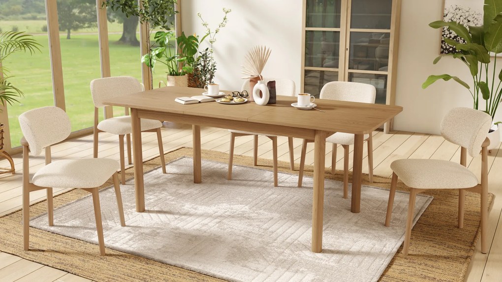 MAZZONI EXPORT ALMO Crem (material Monza 90)/cadru stejar lăcuit - SCAUN DIN LEMN BOUCLÉ PENTRU SALON SUFRAGERIE BUCĂTĂRIE RETRO