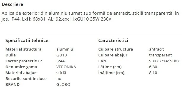 Aplica exterior ambientala moderna lumina jos IP44 VERONIKA
