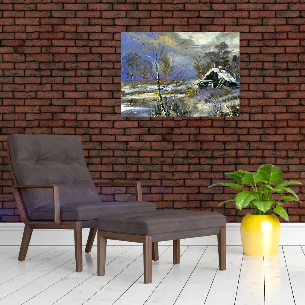 Tablou -Cabane într-un peisaj de iarnă, pictură în ulei (70x50 cm)