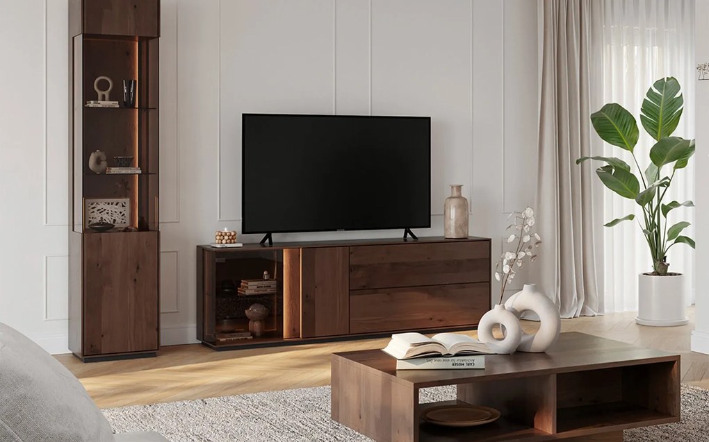 Comodă TV lemn masiv Aurora cu Vitrină Iluminată Stejar Fumuriu, 185 × 43.5 × 60 cm
