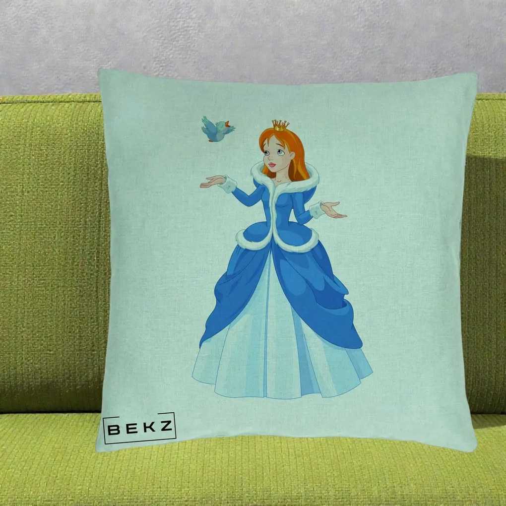 Perna Personalizata Printesa Albastra cu Pasare, 40x40 cm, Verde Menta, Husa Detasabila, Perna Inclusa, BEKZ®