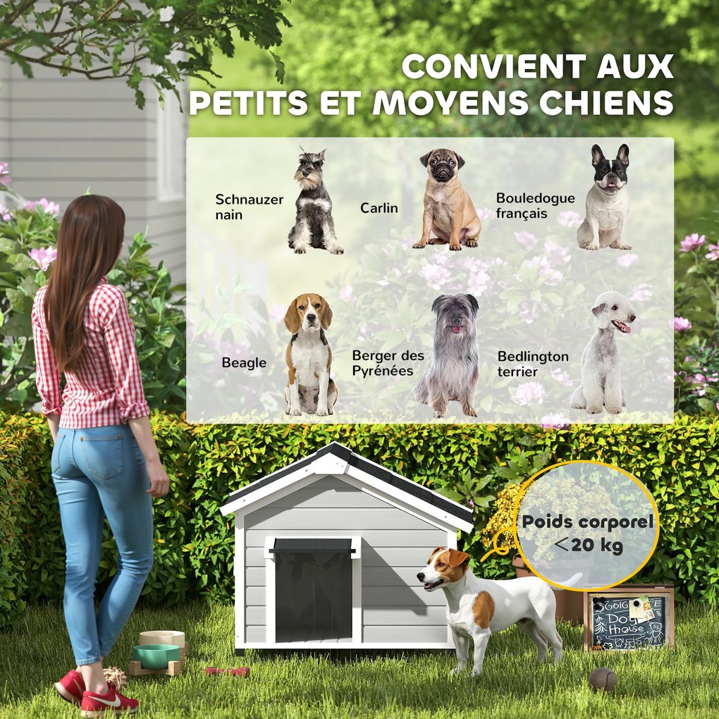 PawHut Niche pentru câini exterioară din lemn masiv casă pentru câini cu acoperiș deschis cort de ușă 95 x 68 x 76 cm gri deschis | Aosom Romania