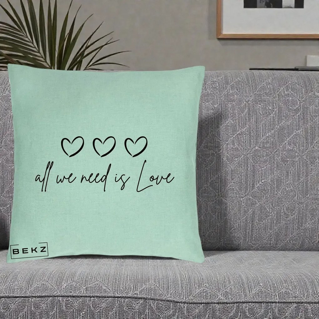 Perna Decorativa All We Need Is Love, 40x40 cm, Verde Menta, Husa Detasabila, Perna Inclusa, BEKZ®