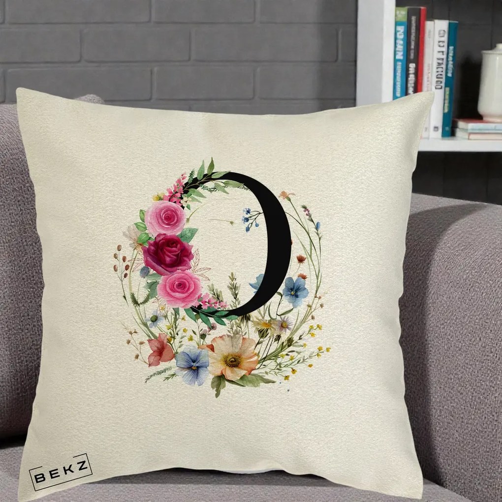 Cadou Personalizat - Perna Personalizata Monogram Litera O cu Flori Acuarela, 40x40 cm, Ecru, Husa Detasabila, Perna Inclusa, BEKZ®