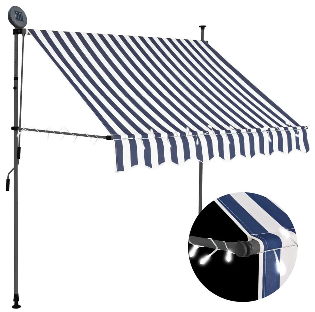 vidaXL Copertină retractabilă manual cu LED, albastru &amp; alb, 200 cm