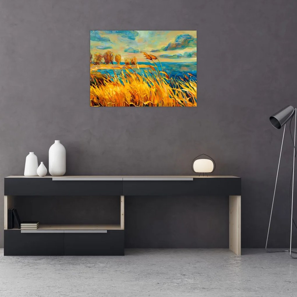 Tablou pe sticlă - Apus de soare peste lac, pictură acrilică (70x50 cm)