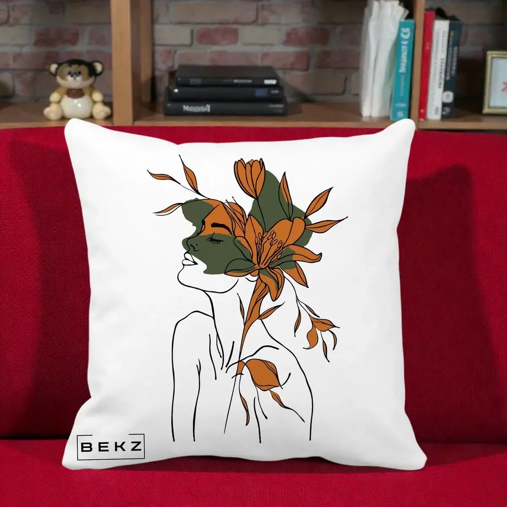Perna Decorativa Portret Feminin Crin Auriu, 40x40 cm, Alba Mata, Husa Detasabila, Perna Inclusa, BEKZ®