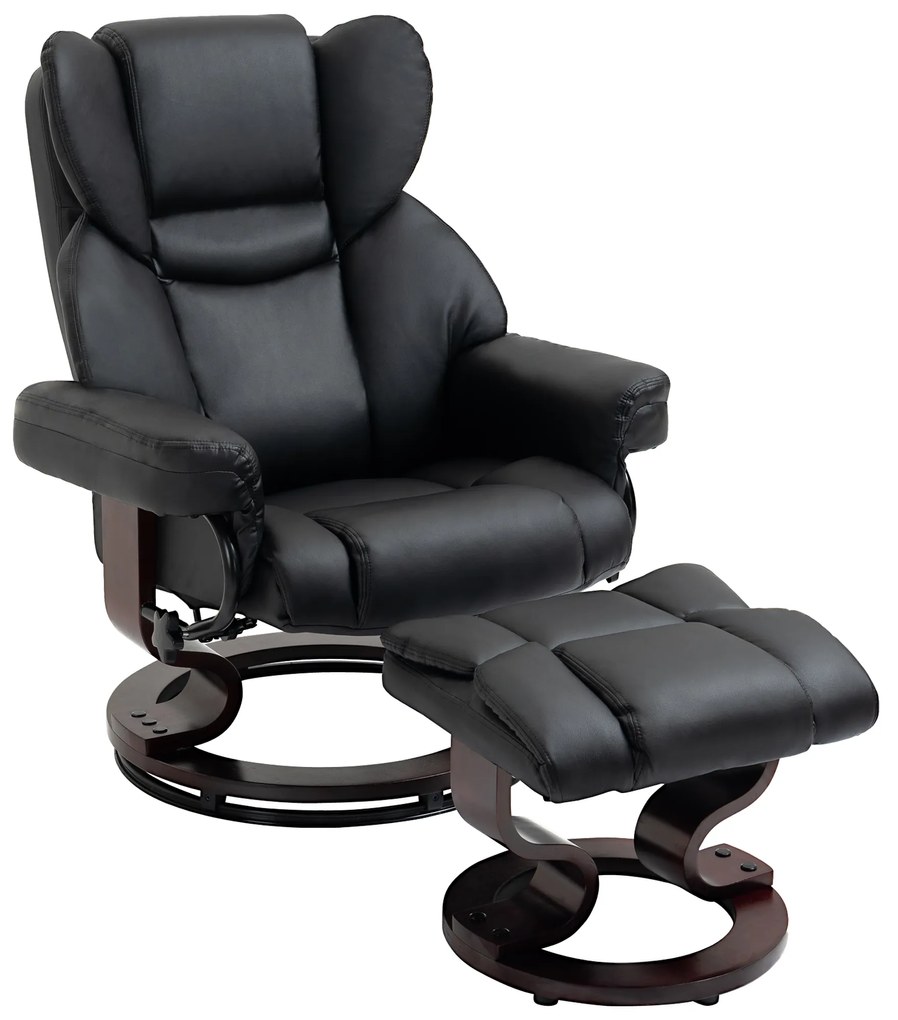 HOMCOM Fotoliu Relaxant si Puf, Reclinabil la 145° cu Scaun Rotativ din Piele Ecologica, Negru | Aosom Romania