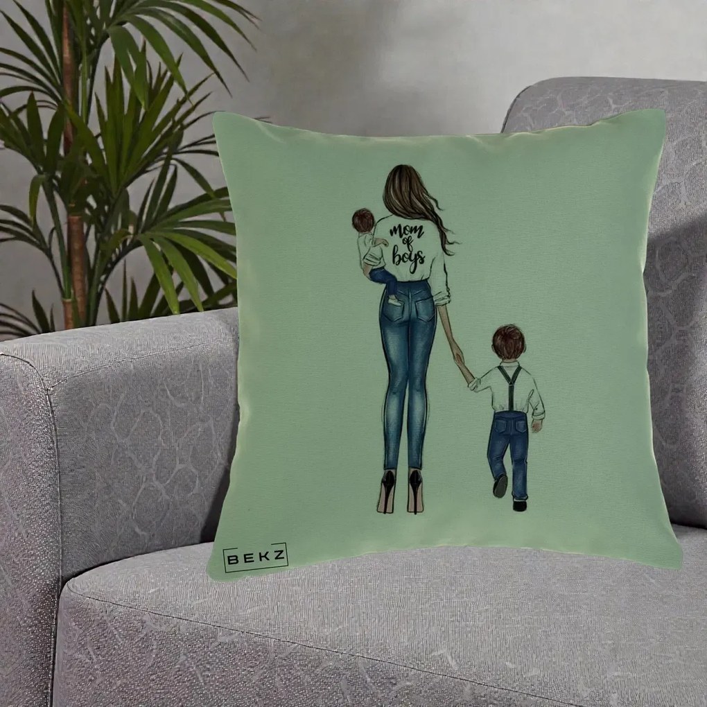 Cadou pentru Mama - Perna Personalizata Mom of Boys Mama cu Baietii, 40x40 cm, Verde, Husa Detasabila, Perna Inclusa, BEKZ®