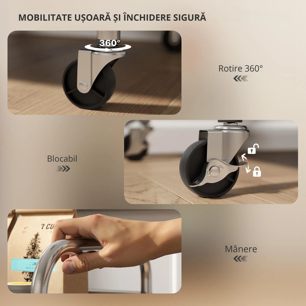 HOMCOM Cărucior de bucătărie cu 3 rafturi pe roți, cu mânere, argintiu | Aosom Romania