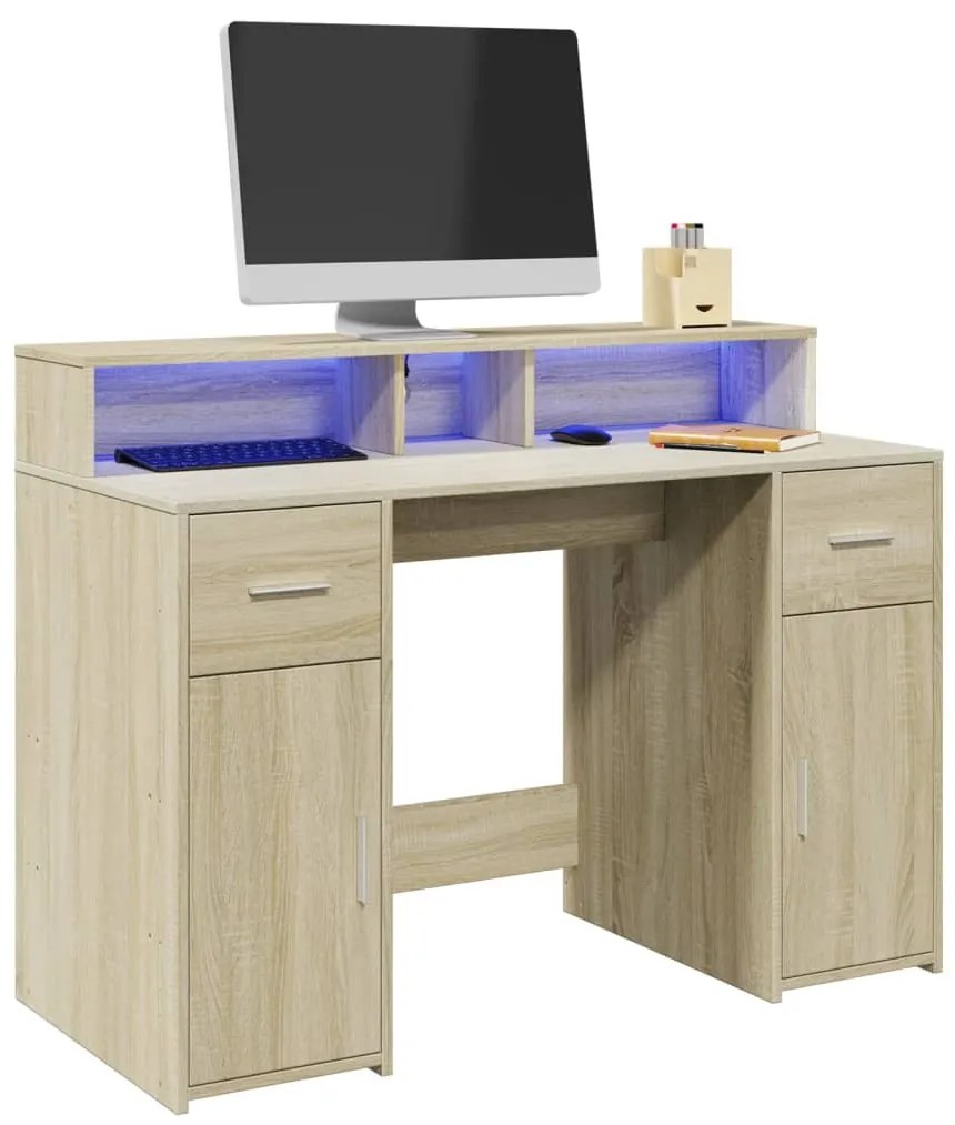 vidaXL Birou cu lumini LED stejar sonoma, 120x55x91 cm, lemn prelucrat