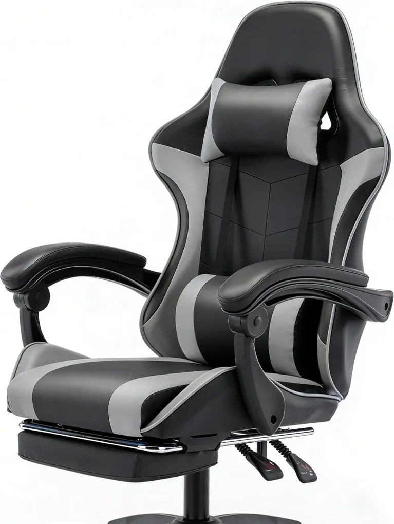 Scaun gaming, Masaj în perna lombară, Rabatabil 90-145°, Suport picioare, piele PU, Negru/Gri
