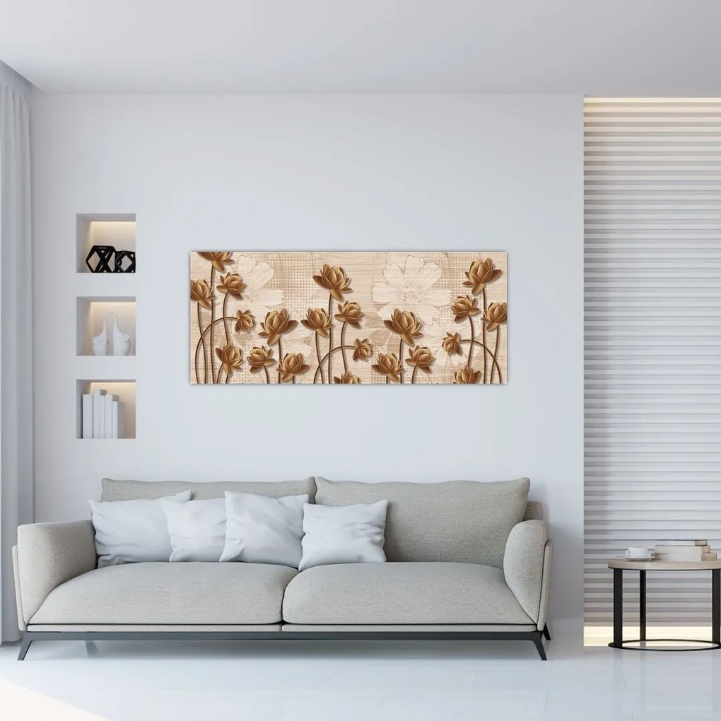 Tablou cu abstracția florilor - maro (120x50 cm)