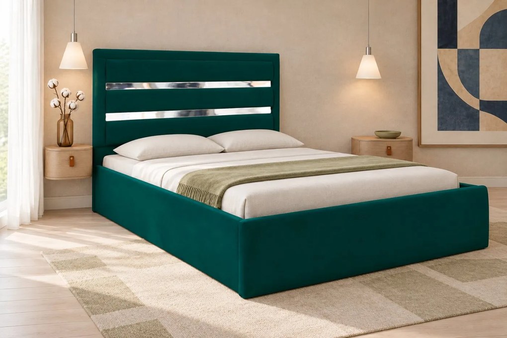 Pat tapițat din catifea Noren 140×200 cm, verde, detalii argintii, cu ladă de depozitare
