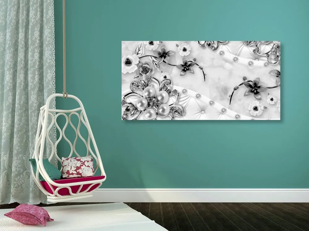 Tablou bijuterii florale de lux în design alb-negru