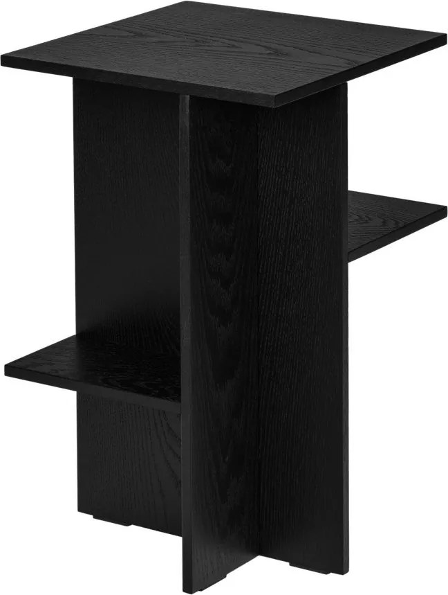 Noptieră neagră cu rafturi cu aspect de lemn de stejar Atik – noo.ma