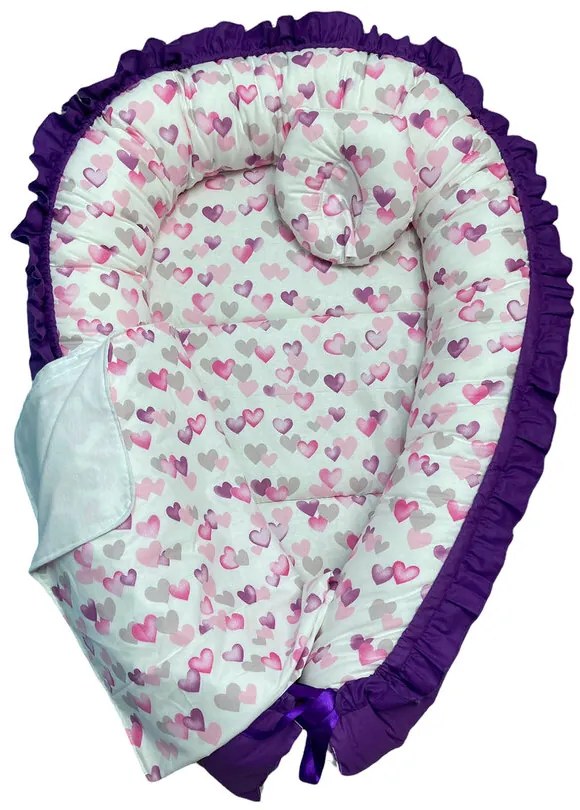 Cuib babynest bebelusi cu desfacere și volanase Violet-Inimioare roz-mov