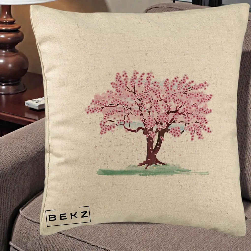 Perna Decorativa Cires Inflorit Acuarela, 40x40 cm, Bej, Husa Detasabila, Perna Inclusa, BEKZ®