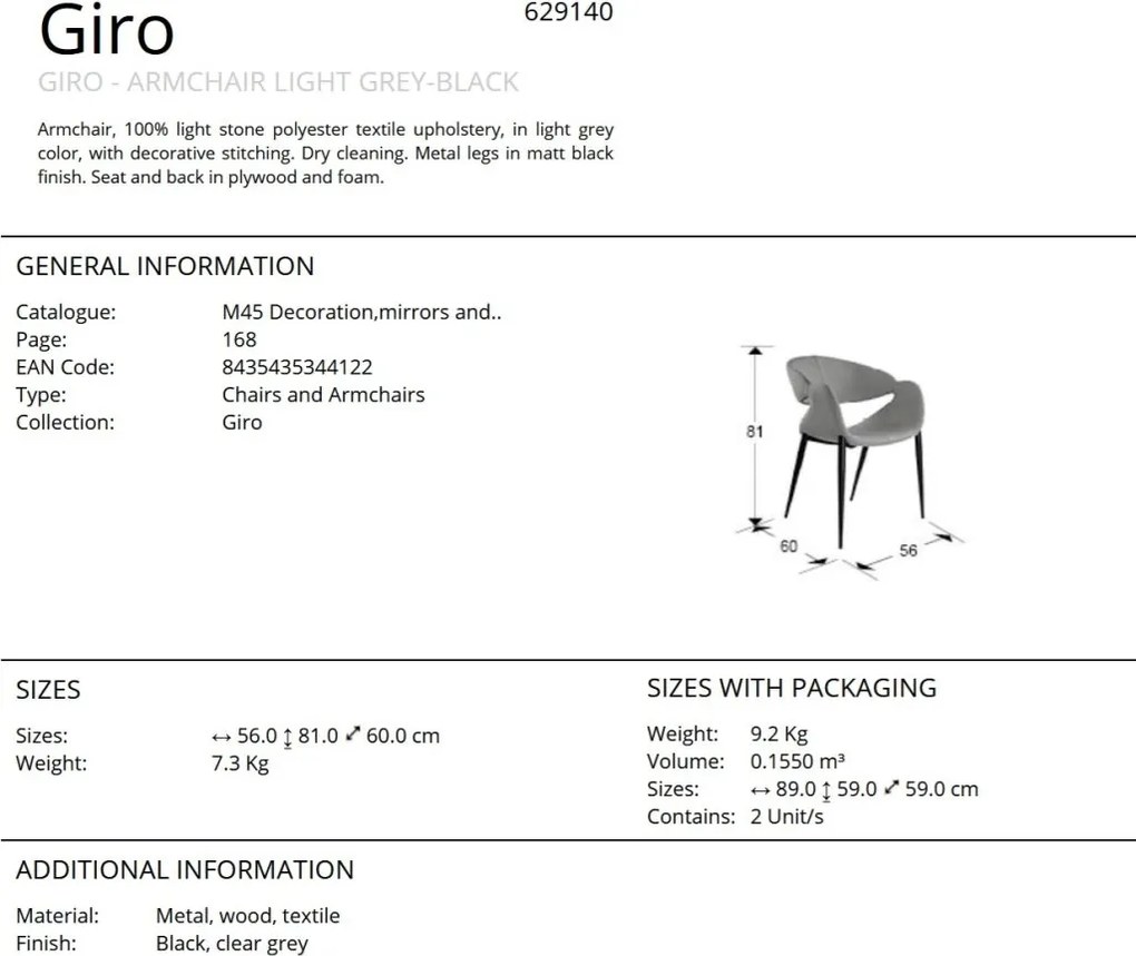 Scaun dining design elegant Giro gri