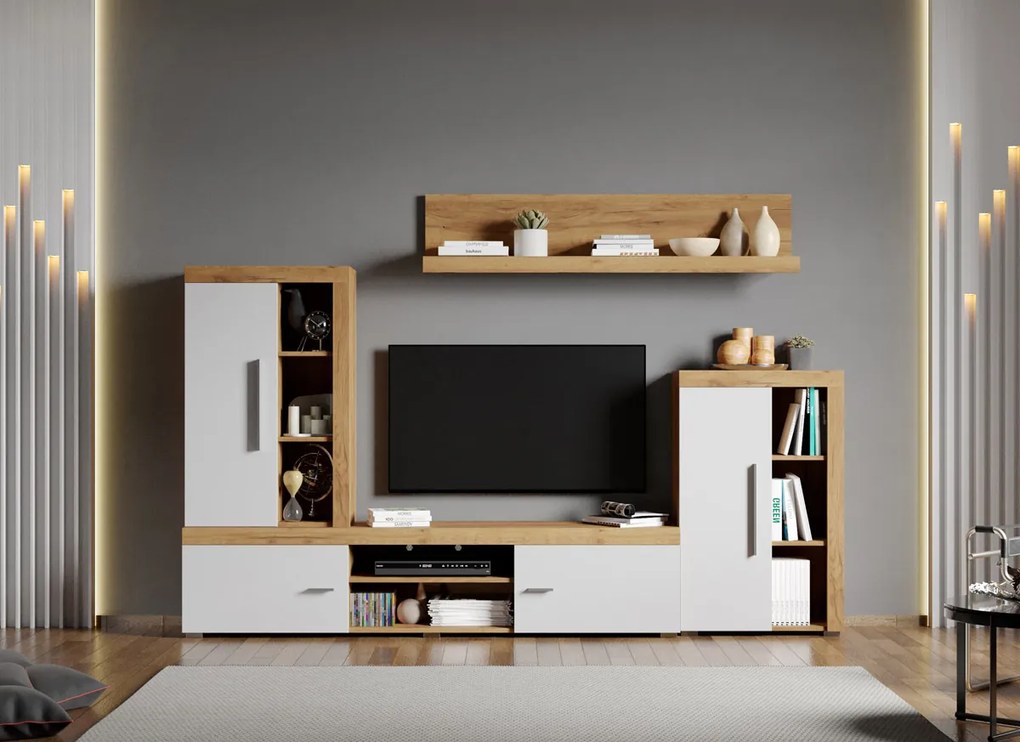 Set Mobilier Living Alb cu Stejar Auriu Crispy-C04