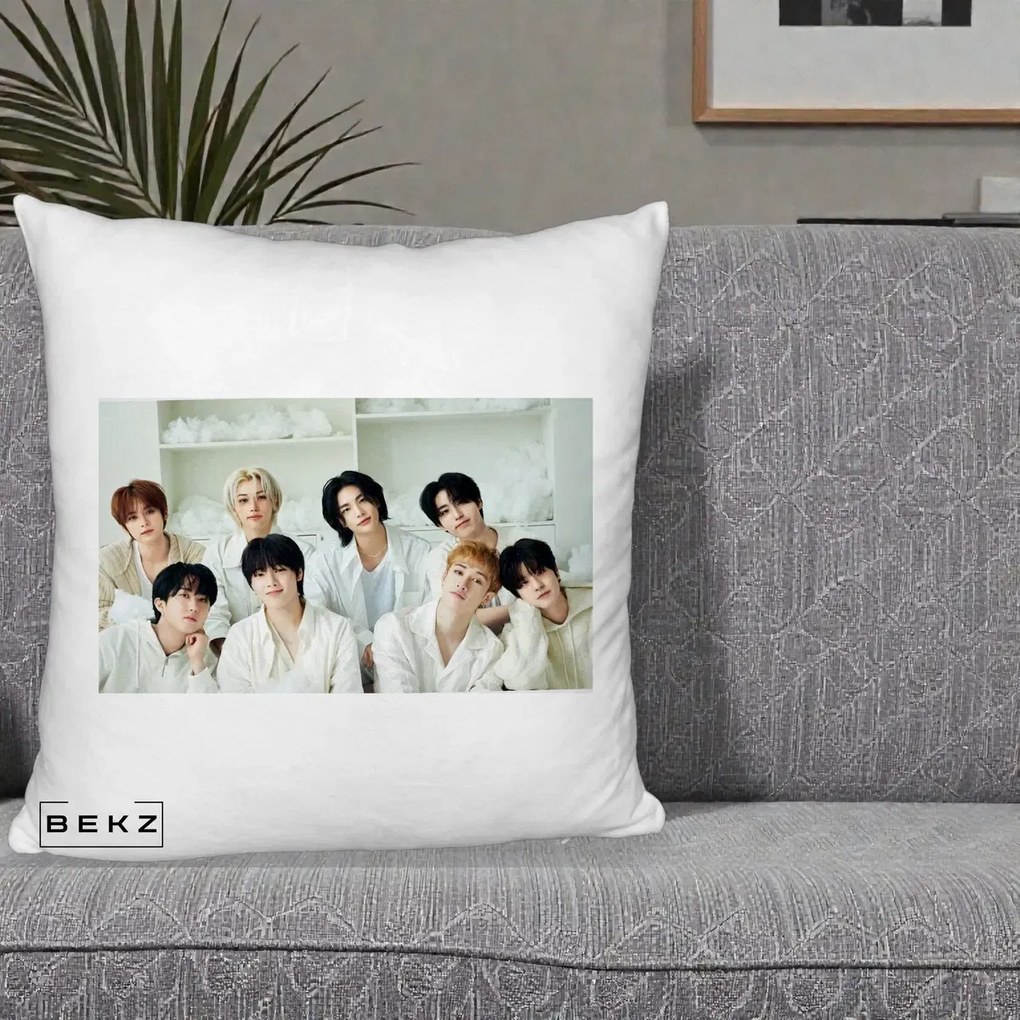 Perna Personalizata K-pop Stray Kids Foto Grup All-White Landscape, 40x40 cm, Alb Pufos, Husa Detasabila, Perna Inclusa, BEKZ®