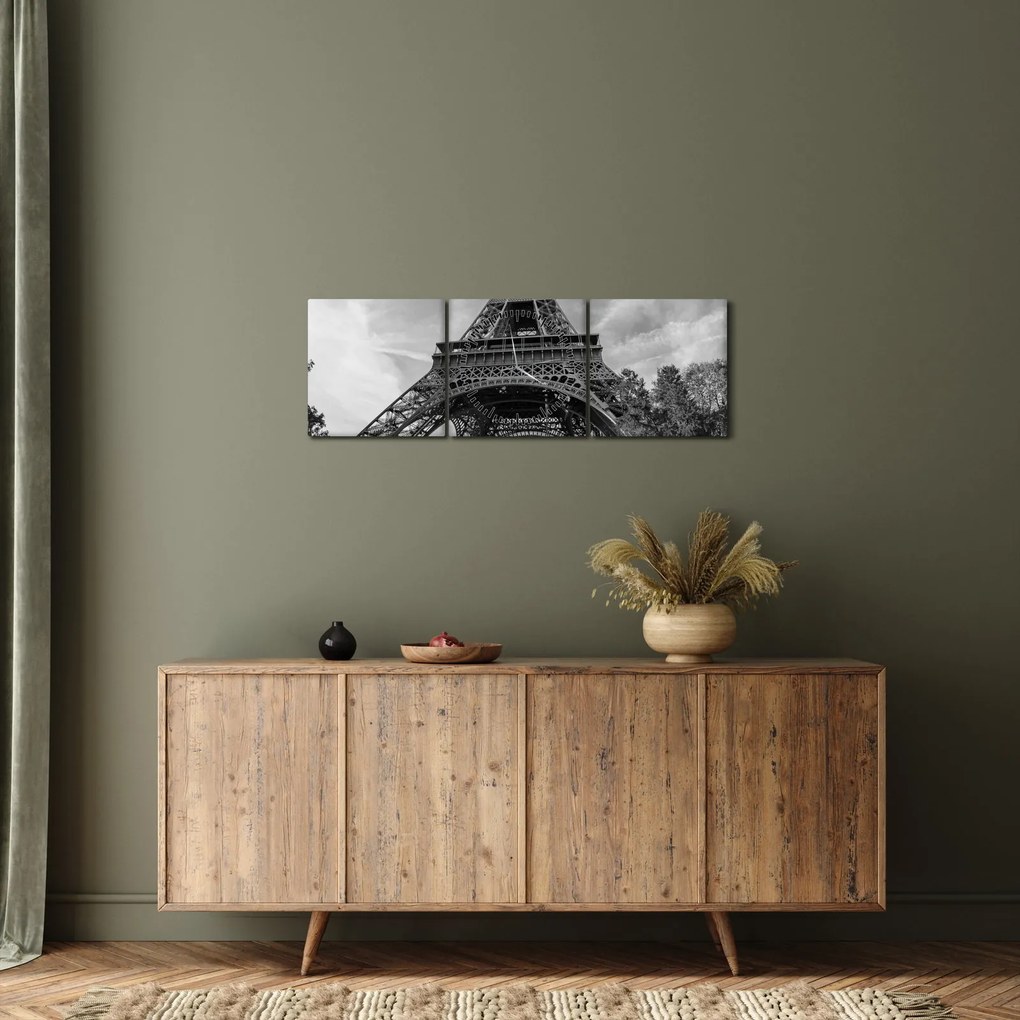Tablou - Turnul Eiffel, alb-negru (cu ceas) (90x30 cm)