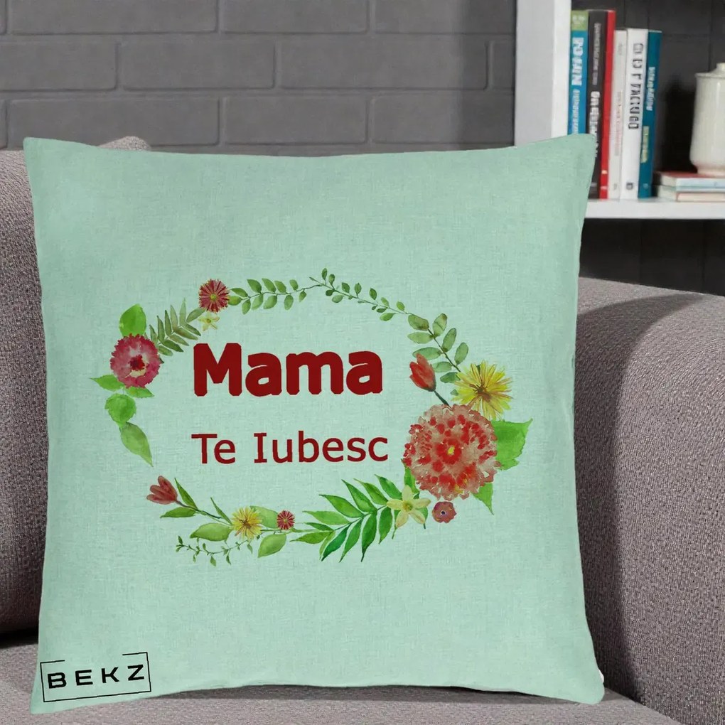 Cadou pentru Mama - Perna Personalizata Mama Te Iubesc Flori Rosii, 40x40 cm, Verde Menta, Husa Detasabila, Perna Inclusa, BEKZ®