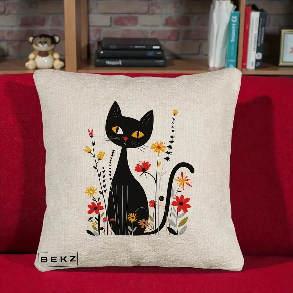 Perna Decorativa Pisica Neagra Ochi Galbeni Flori, 40x40 cm, Bej Canapea, Husa Detasabila, Perna Inclusa, BEKZ®