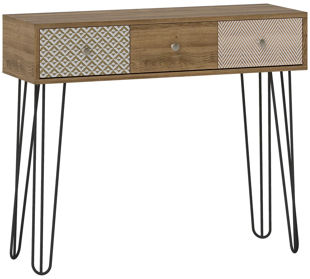 HOMCOM Masă console cu 3 sertare, masă de intrare îngustă cu picioare în formă de ac de păr din oțel, 90 x 30 x 75 cm, maro | Aosom Romania
