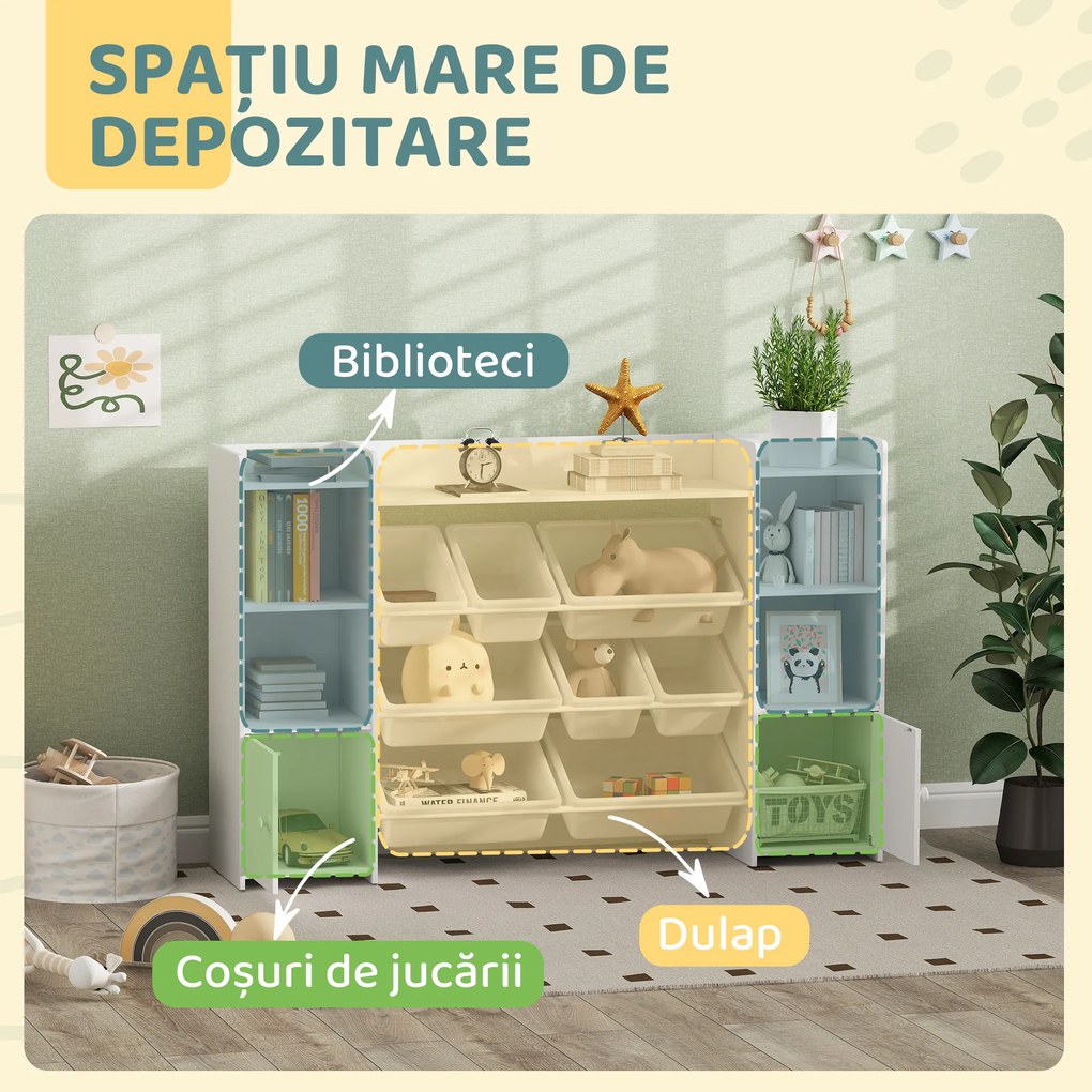 AIYAPLAY Dulap pentru jucării pentru copii cu 8 recipiente detașabile și dulapuri, 140x30x90 cm, alb | Aosom Romania