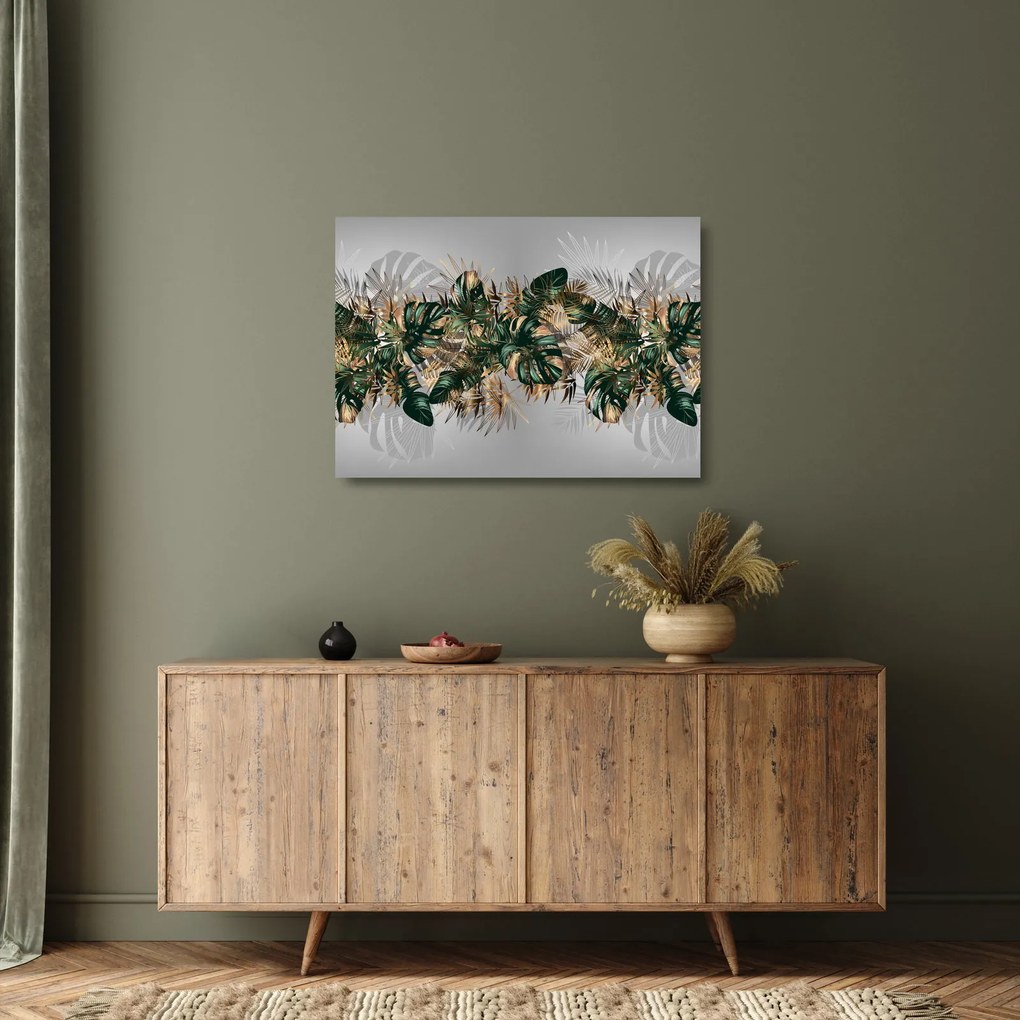 Tablou pe sticlă - Frunze tropicale, Galben - auriu (70x50 cm)