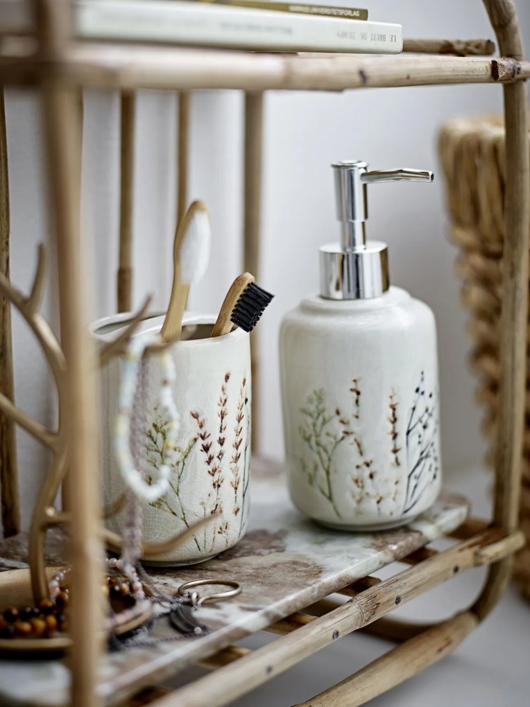Set dispenser săpun lichid și pahar din ceramică cu flori de câmp aplicate manual, D8×H11/D8×H18 cm, „Bea"