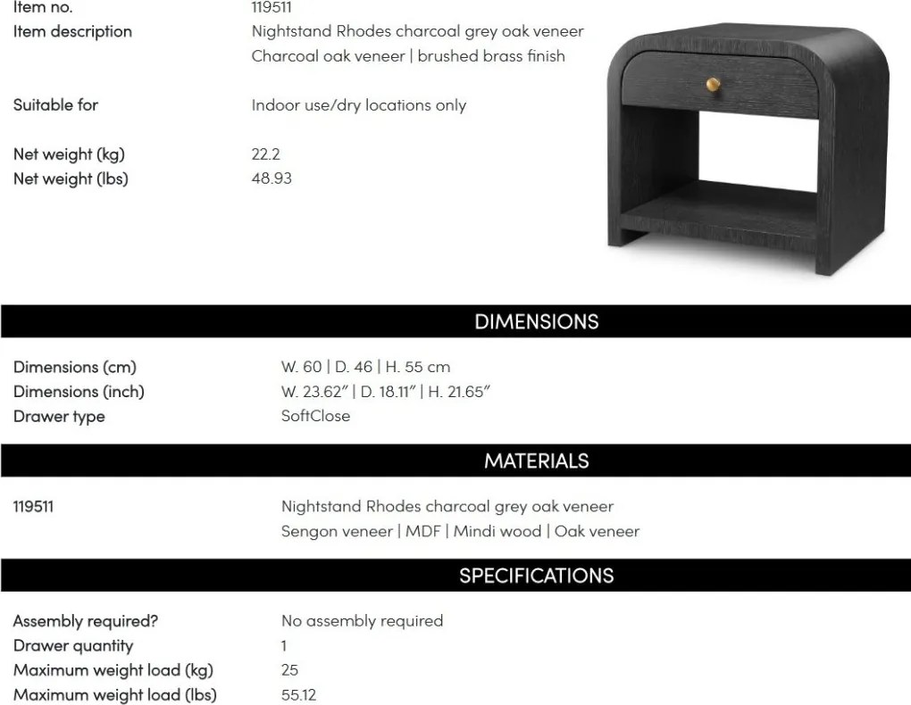 Noptiera design LUX, Furnir de stejar gri carbune, Rhodes