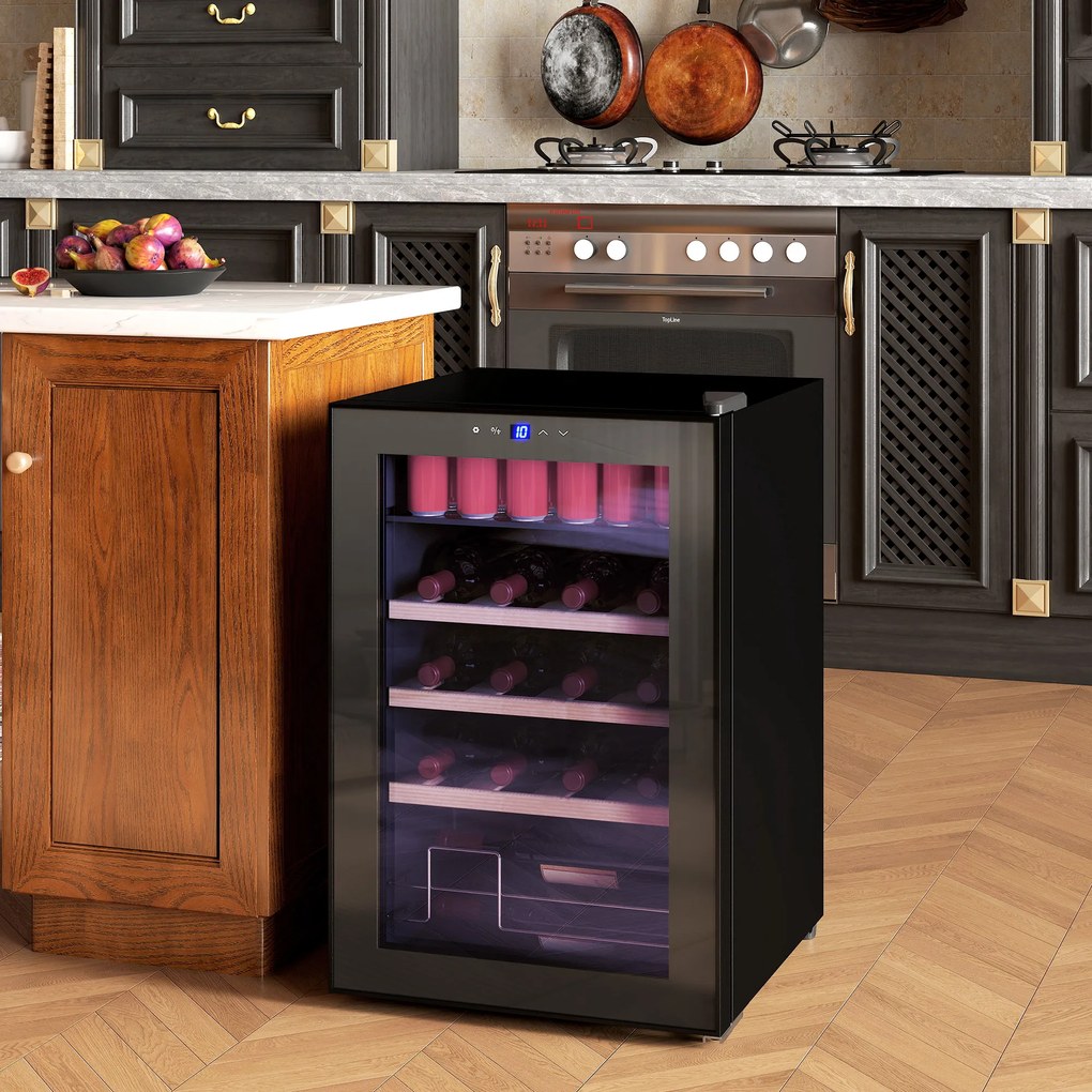 HOMCOM Răcitor pentru Vinuri de 53L cu Rafturi Ajustabile pentru 12 Sticle și 25 Doze, Răcitor Vinuri din Oțel, Lemn și Sticlă Temperată, 43x45x64 cm, Negru | Aosom Romania