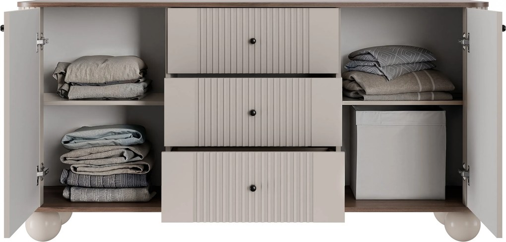 Comodă cu sertare pe picioare rotunde Vesper 160 cm - cașmir / nuc / mânere negre