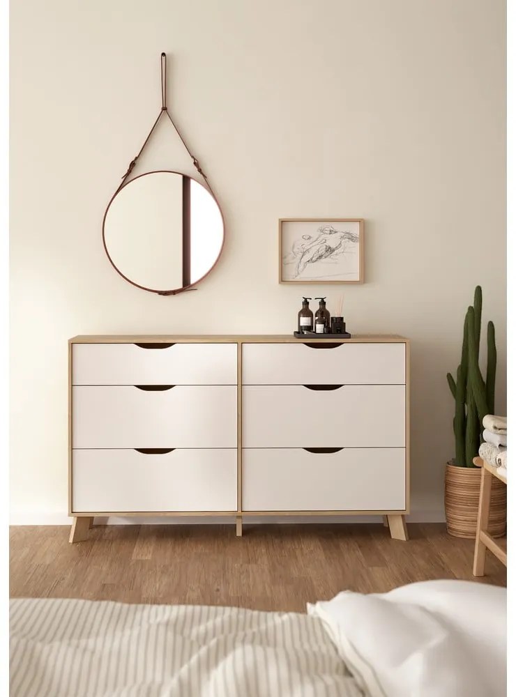 Comodă albă-în culoare naturală cu aspect de lemn de stejar 156x92x40 cm Ikast – Tvilum