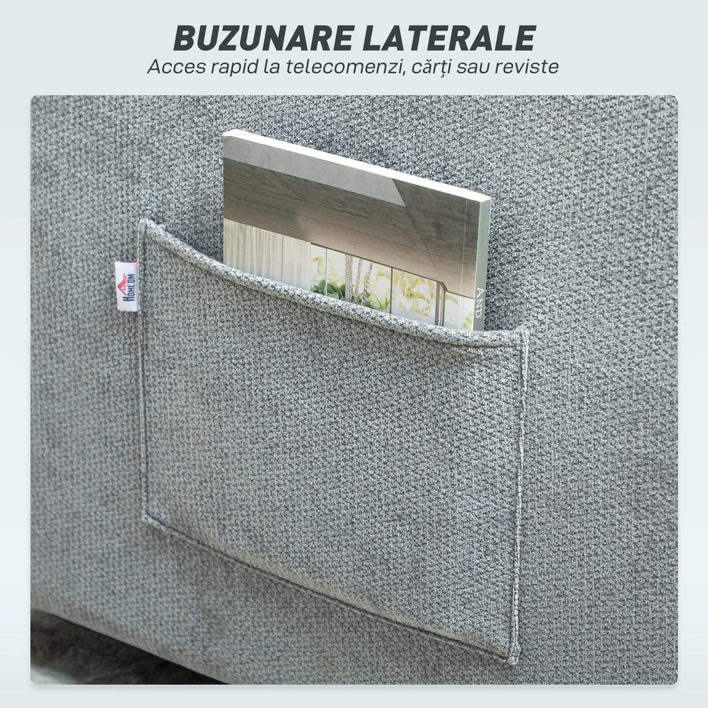 HOMCOM Fotoliu Pat 3 în 1 Pliabil, Spătar Reglabil 3 Poziții, Șezut Spațios, Pernă Detasabilă, Fotoliu Transformabil din Chenille cu Roți și Buzunare, 88x84x87 cm, Gri | Aosom Romania