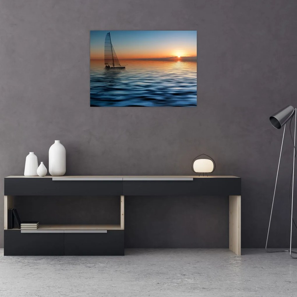 Tablou pe sticlă - Bărci cu vele pe mare (70x50 cm)