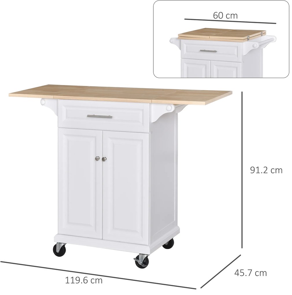 Carucior de bucatarie, dulap 4 roti 360°, sertar,  2 panouri laterale rabatabile, din lemn, alb, 119.6x45.7x91.2 cm HOMCOM | Aosom RO